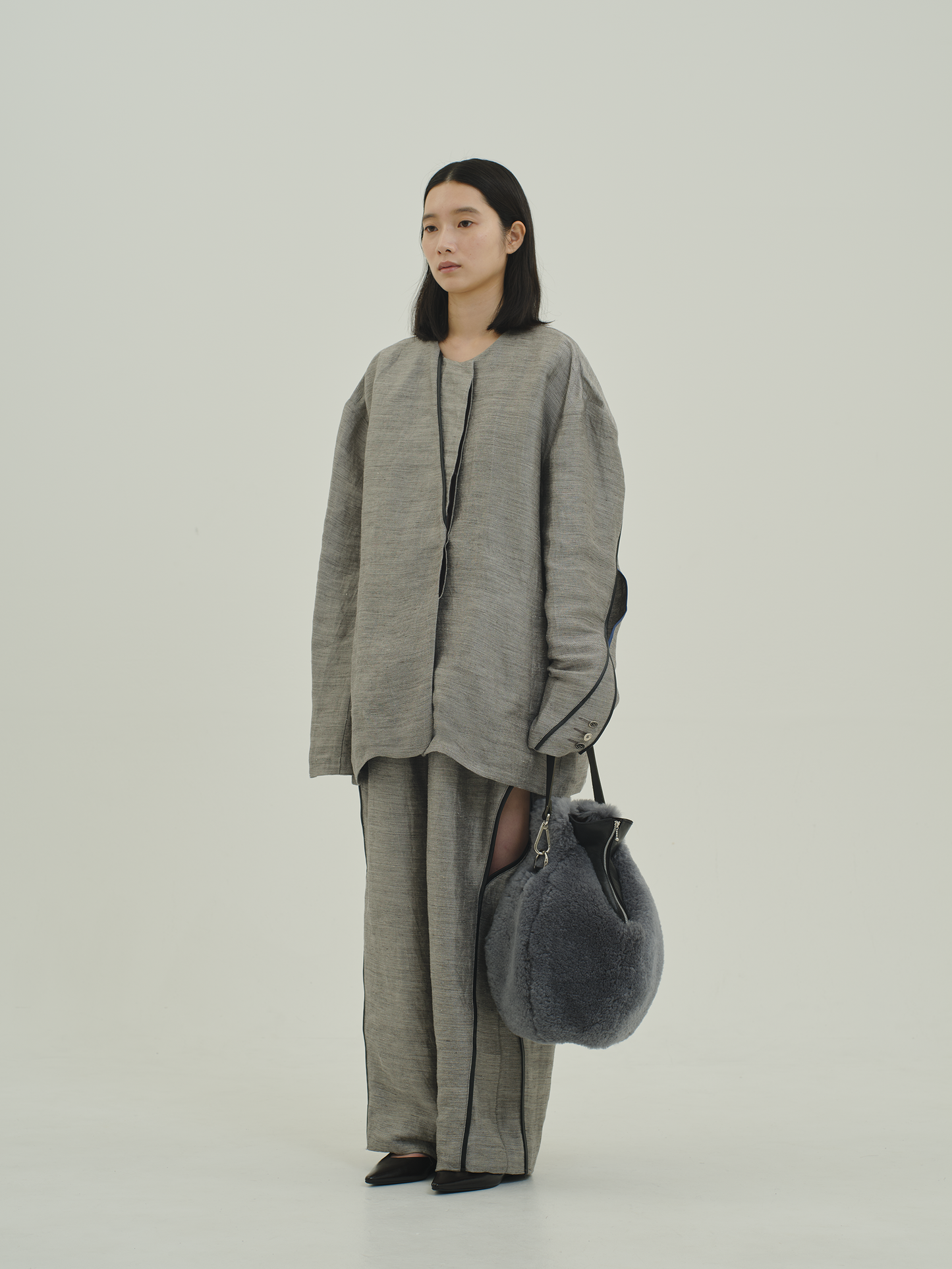 Linen Cupro Slit pants / grey